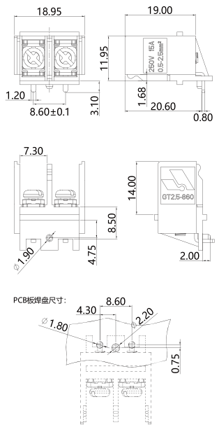 柵板式端子臺GT2.5-860-02P(圖1)
